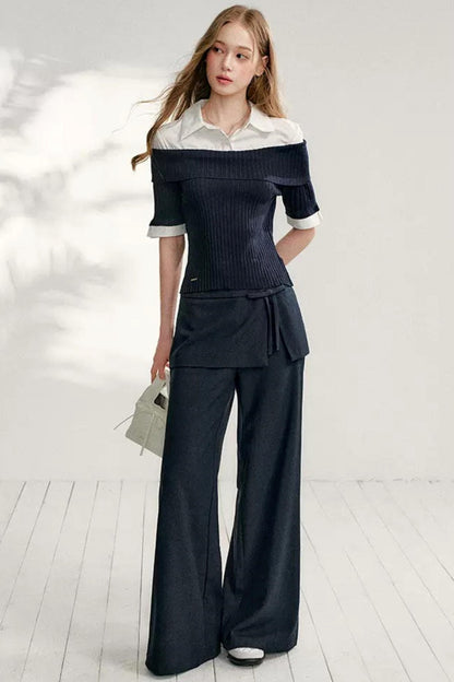 Color-Block Shirt Collar Knit Set-Up