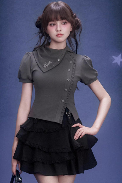 Gray Diagonal Placket T-Shirt