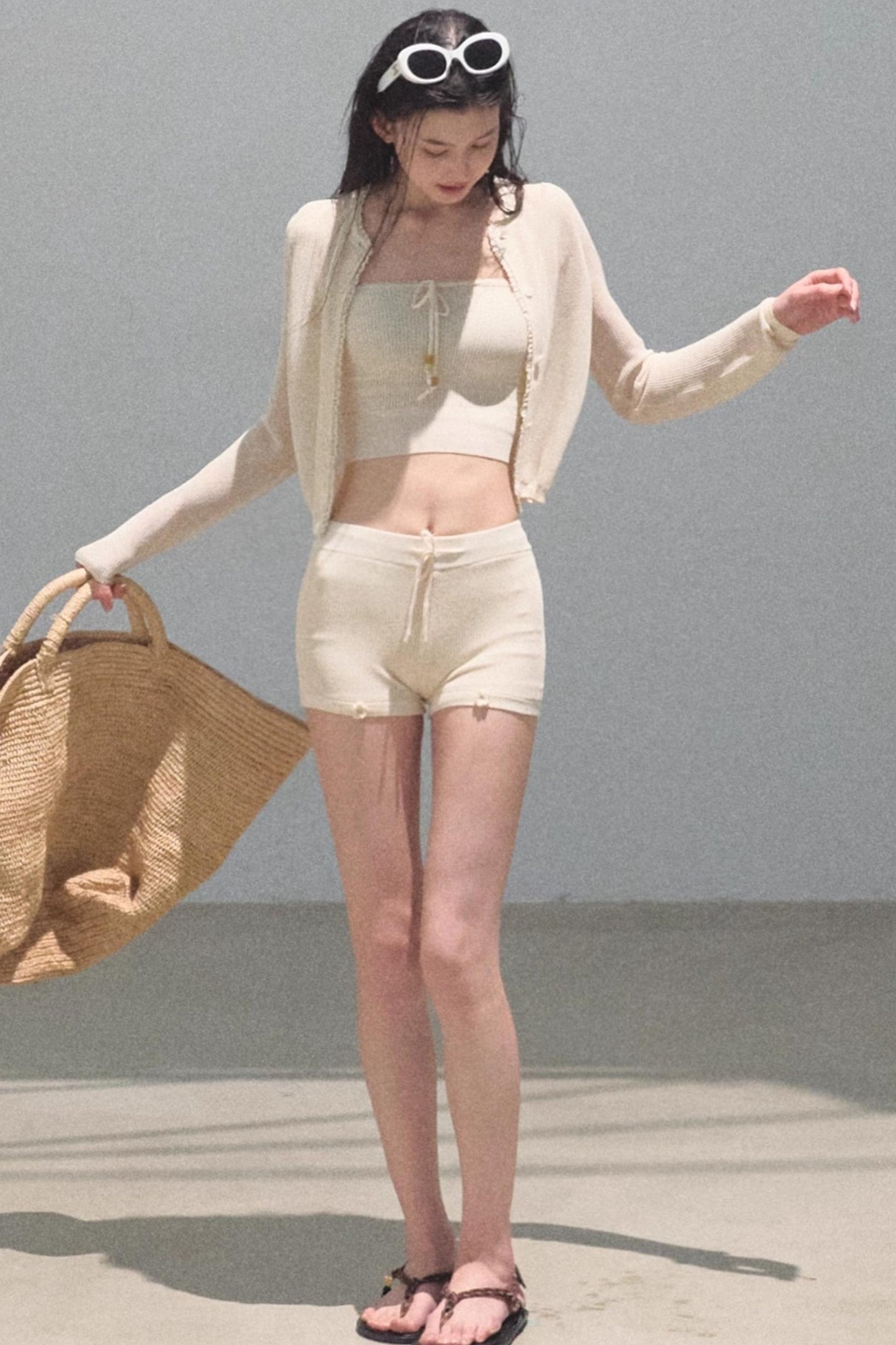 Apricot Blossom Ice Silk Knitted Cardigan Shorts Set-Up