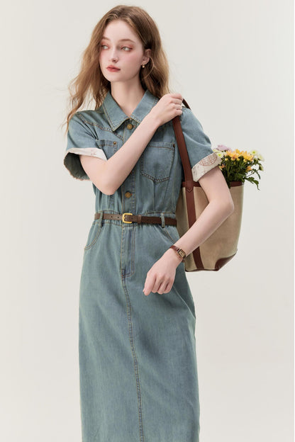 Denim Blue Spliced A-Line Dress