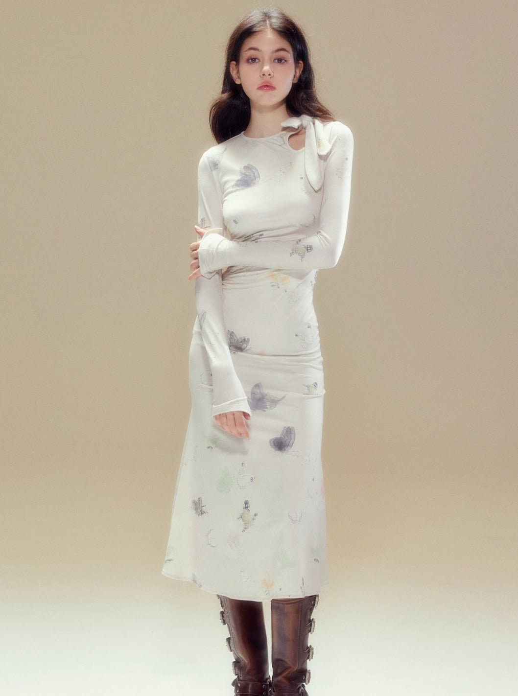 Butterfly Print Knitted  Slim Maxi Dress