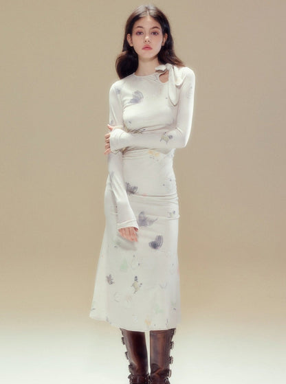 Butterfly Print Knitted Slim Maxi Dress