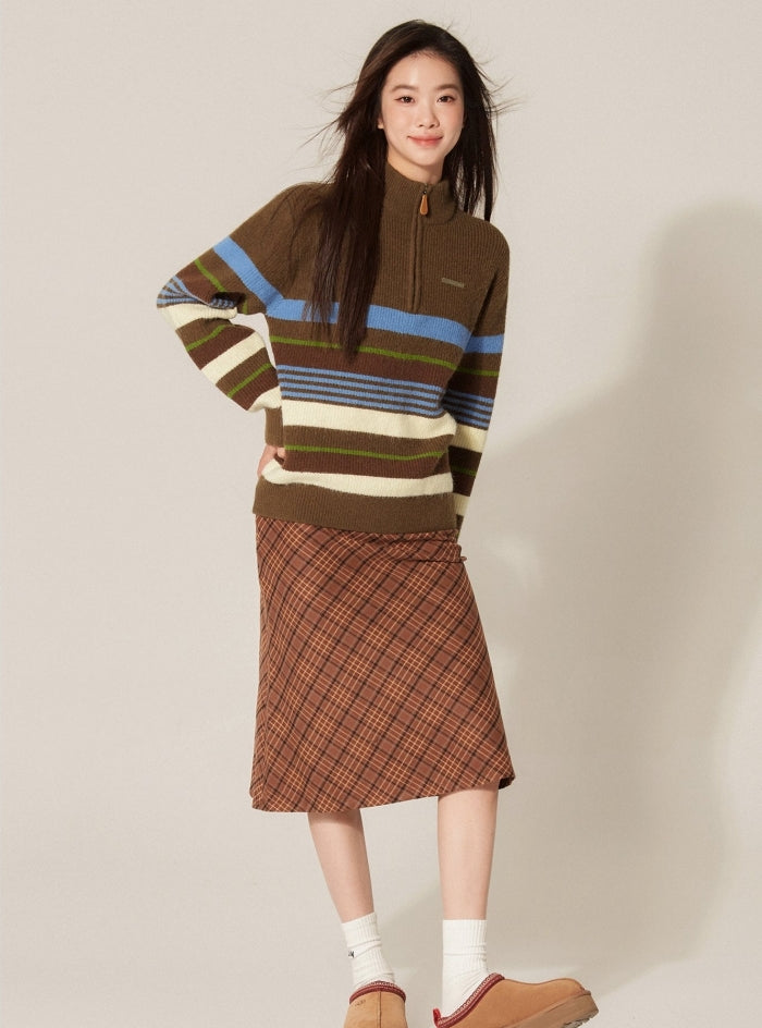 Retro Half-Zip High Neck Contrasting Striped Sweater