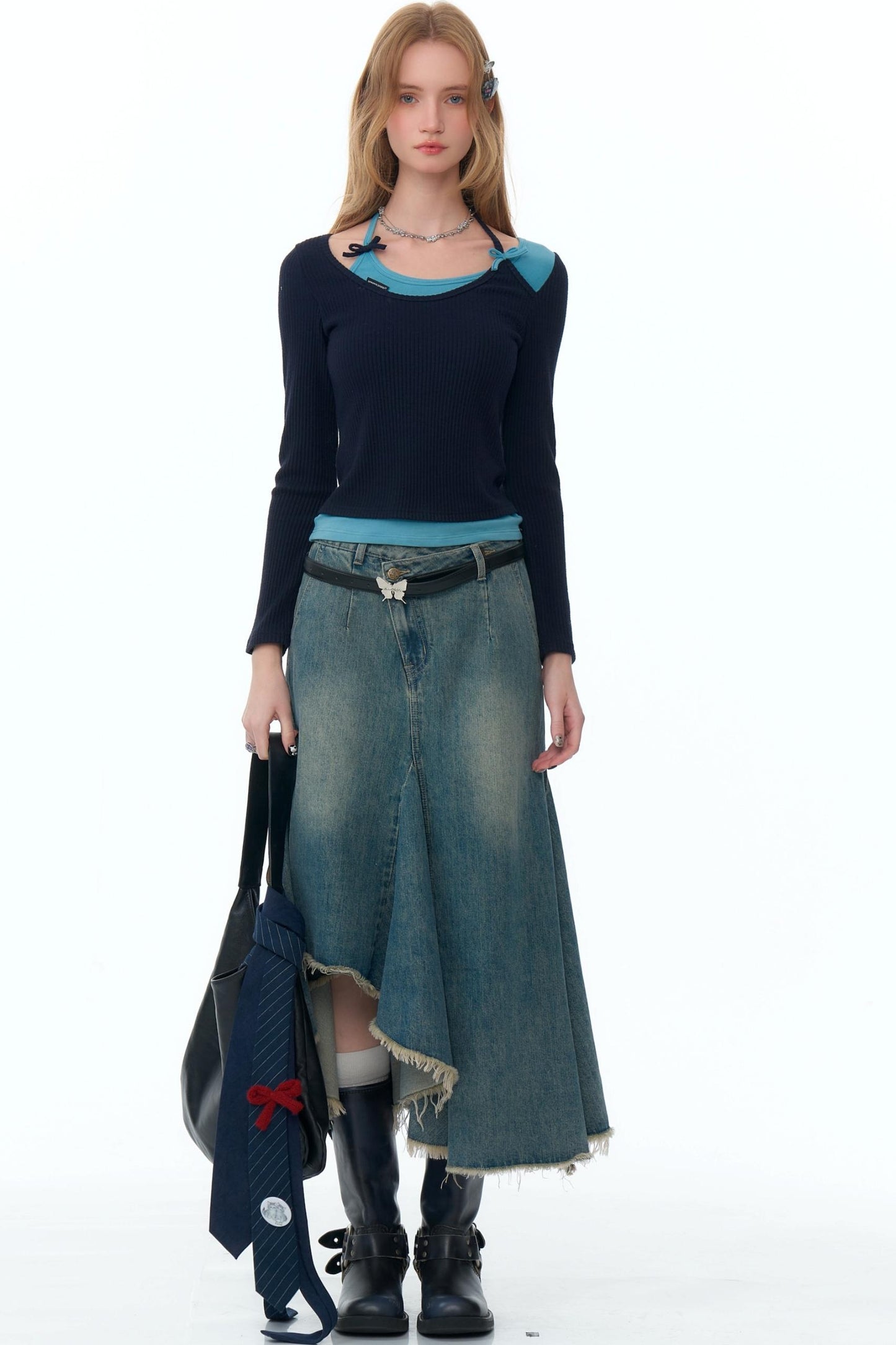 Irregular Design Blue Denim Skirt