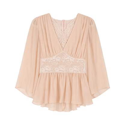 Half-Open Lace Satin Chiffon Top and Hip-Hugging Skirt Set-Up
