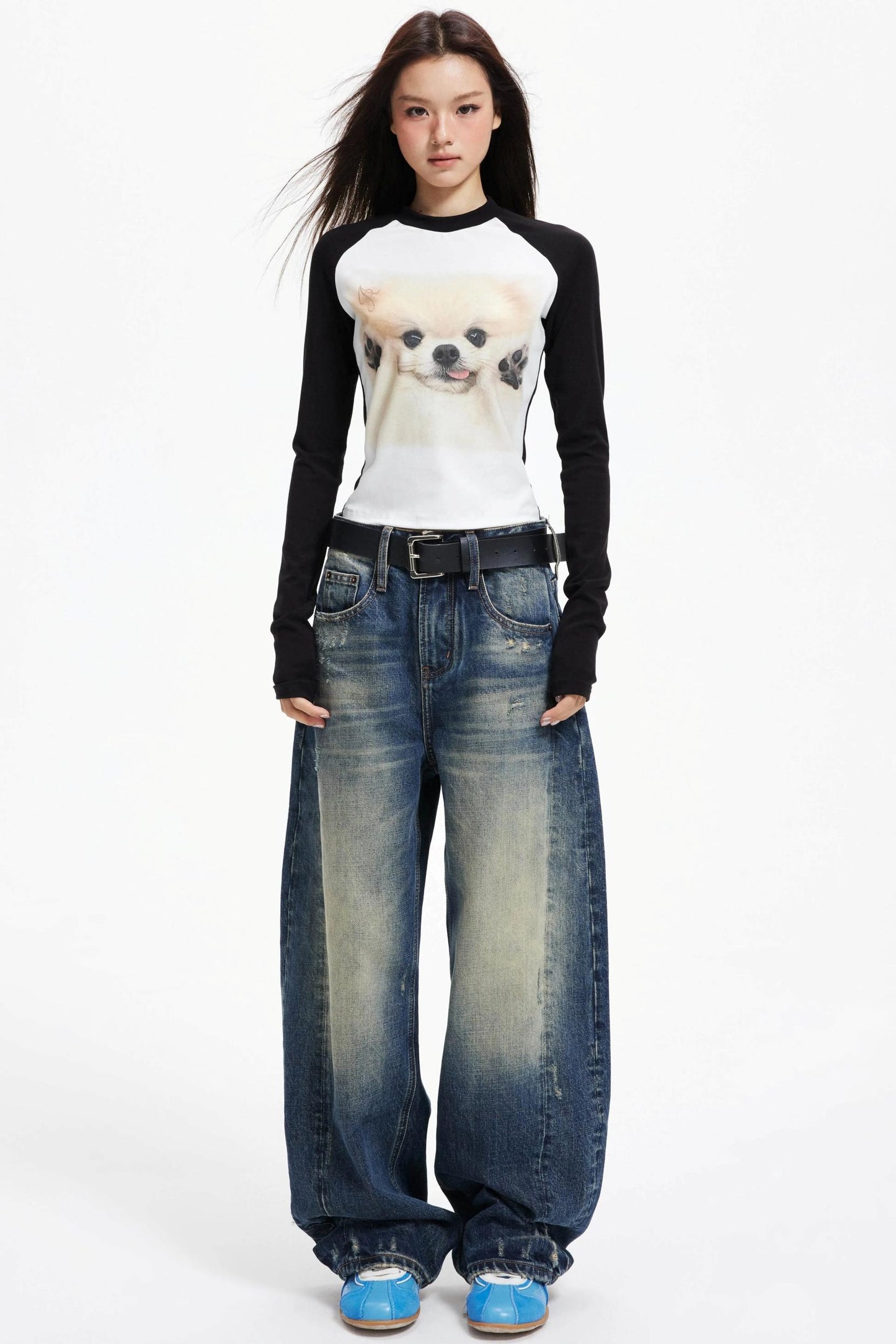 American Distressed Denim Wide-leg Pants