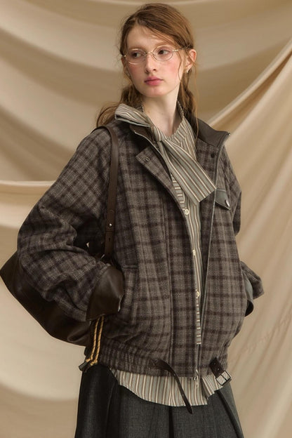 Stand Collar Plaid Woolen Jacket