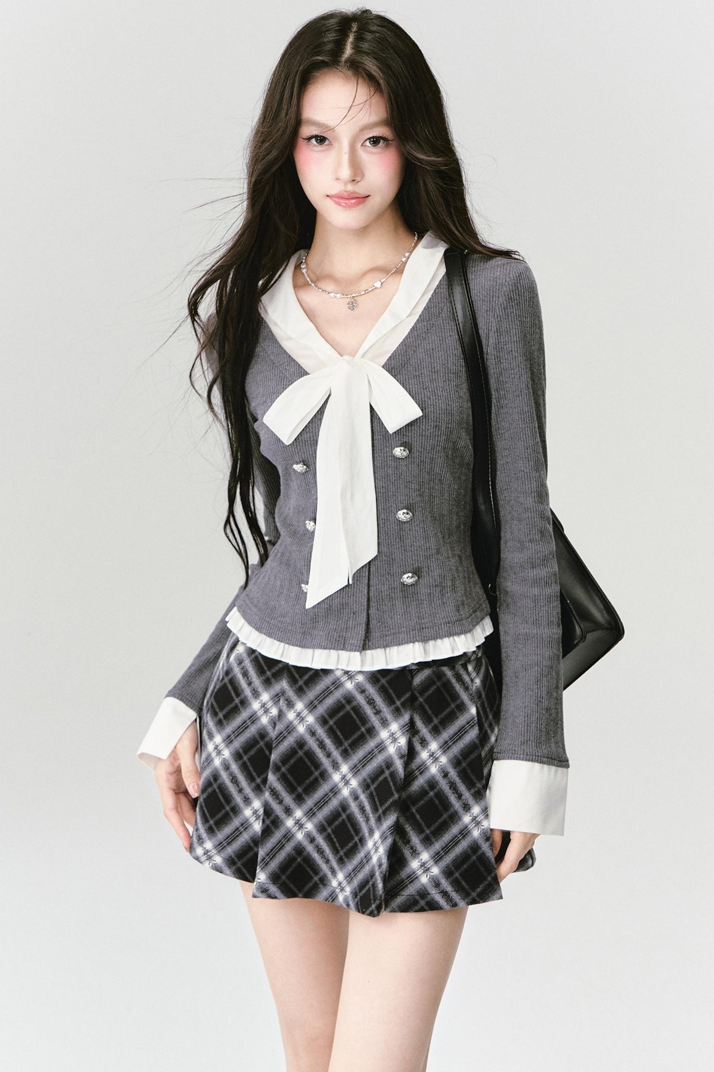 Bow Knit Fake Two-Piece College Top Set-Up