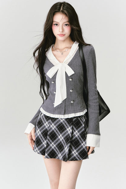 Bow Knit Fake Two-Piece College Top Set-Up