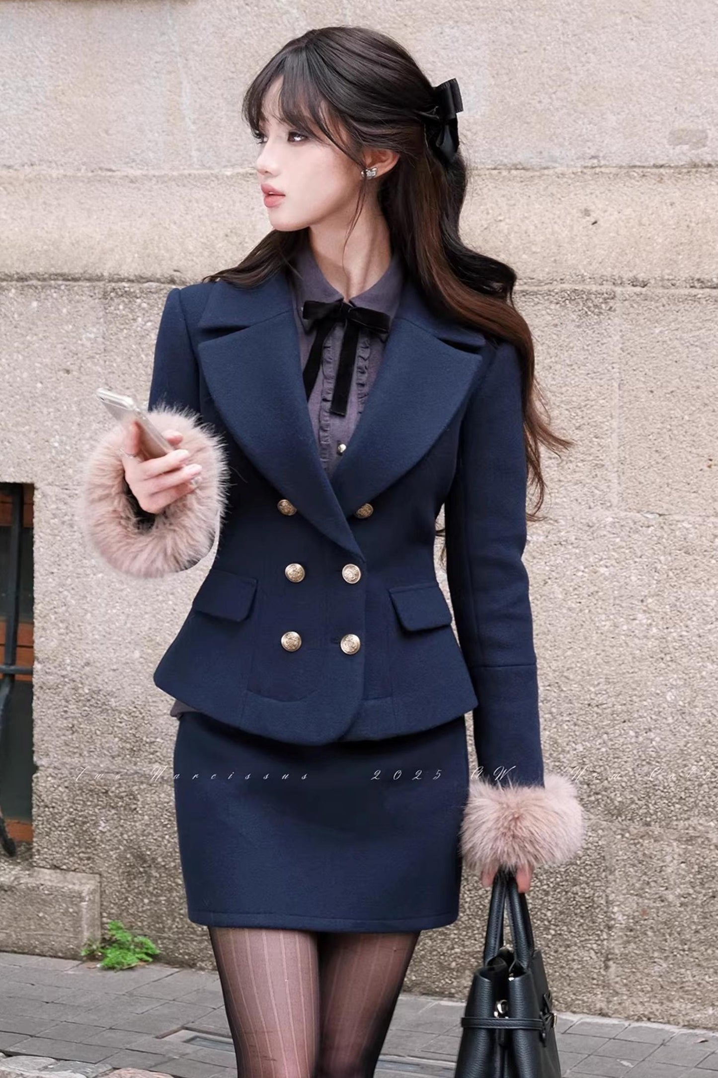 Navy Blue Velvet Wool Suit Set-Up