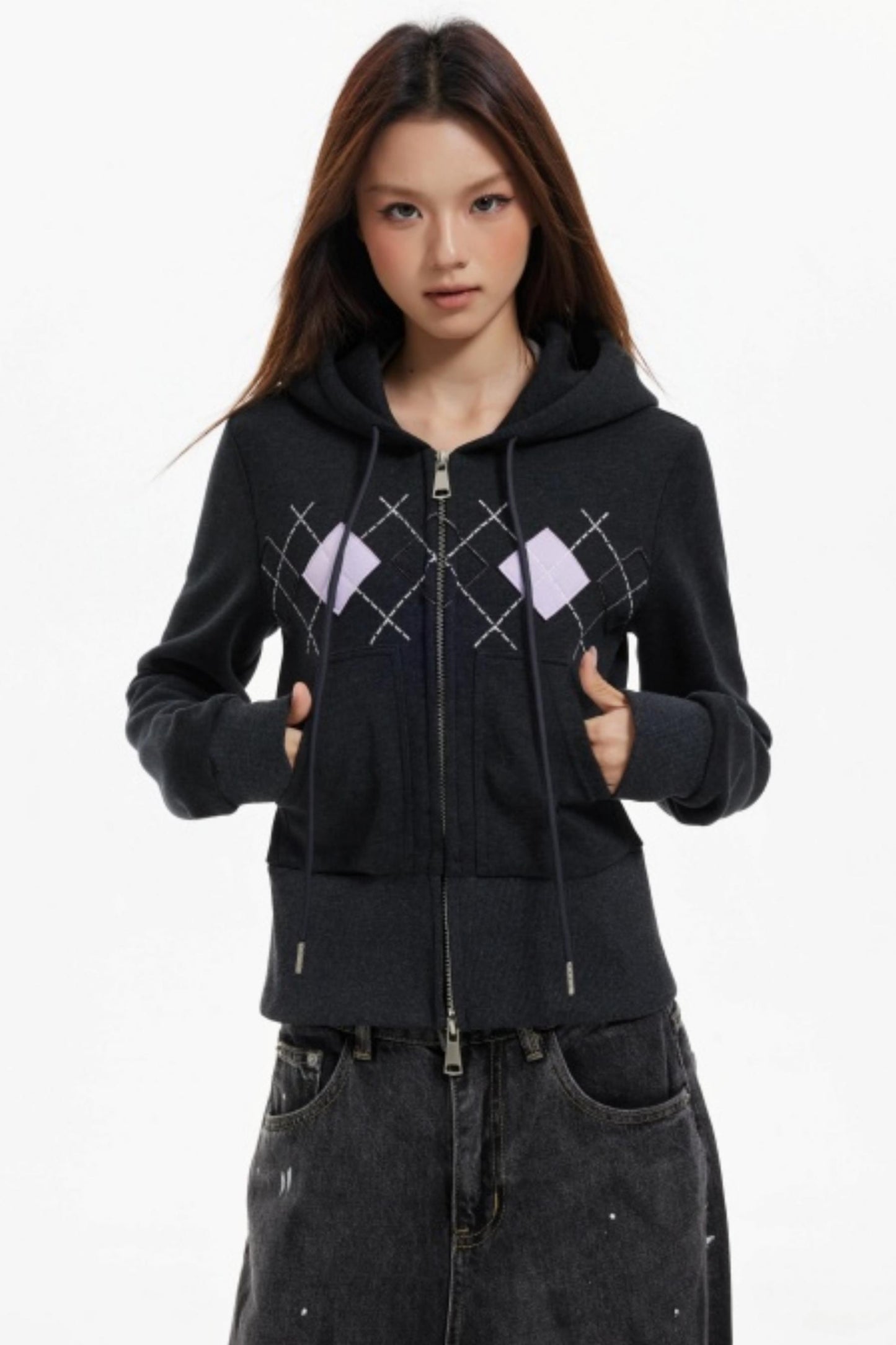 Diamond Plaid Hooded Waist Jacket