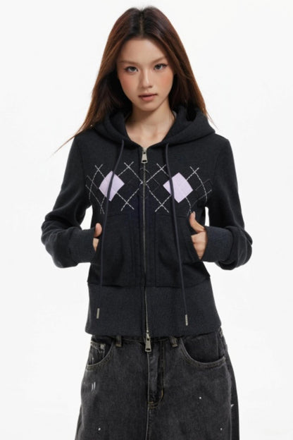 Diamond Plaid Hooded Waist Jacket