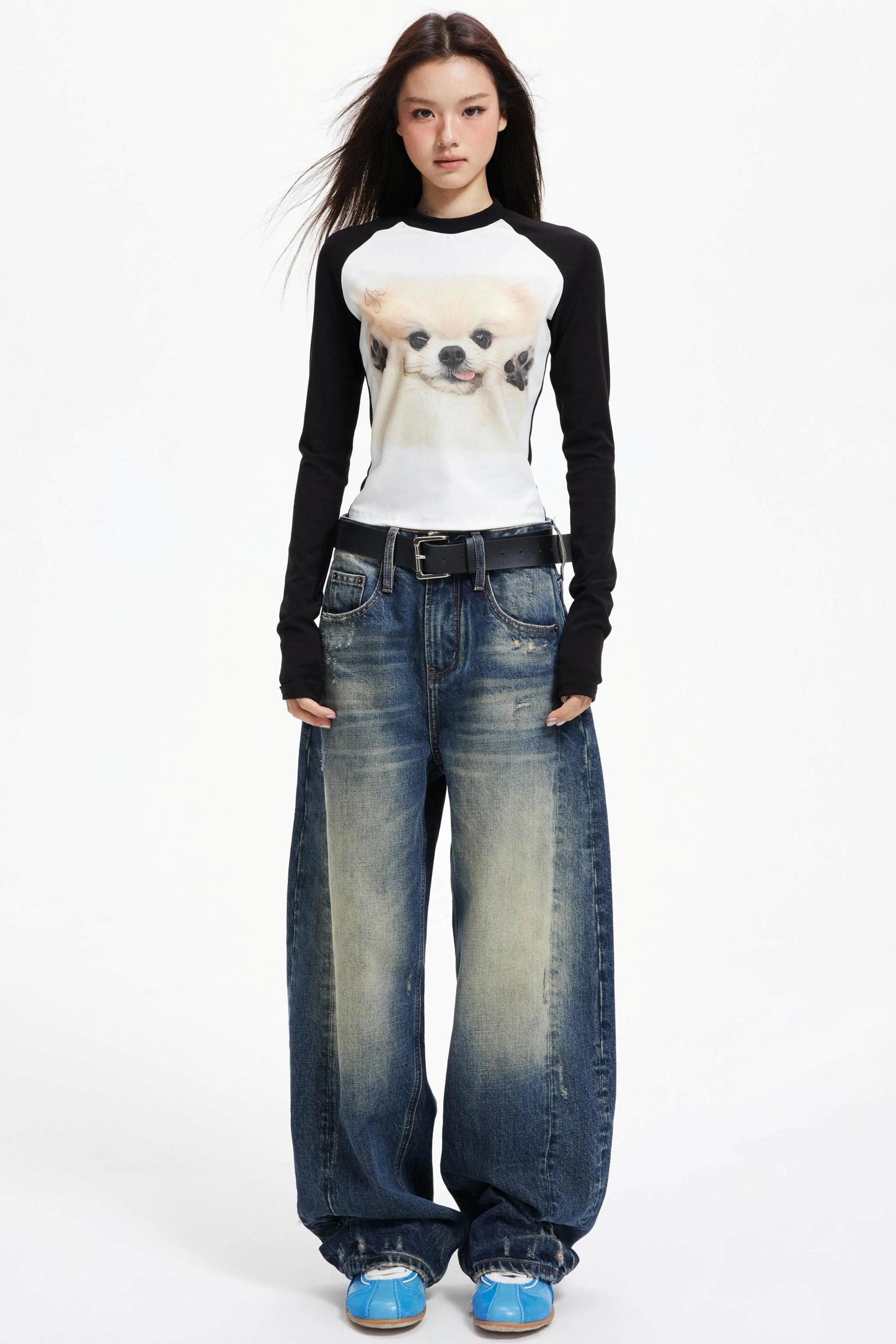 Puppy Print Raglan Slimming Knit Top