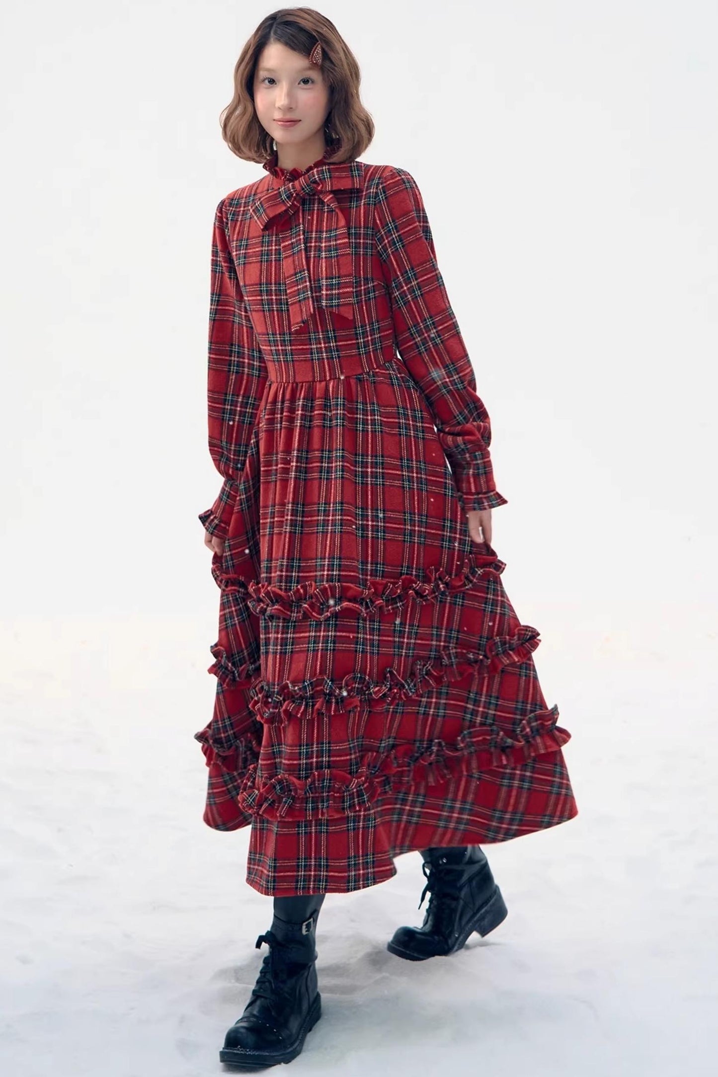 Retro Red Plaid Ruffle Dress