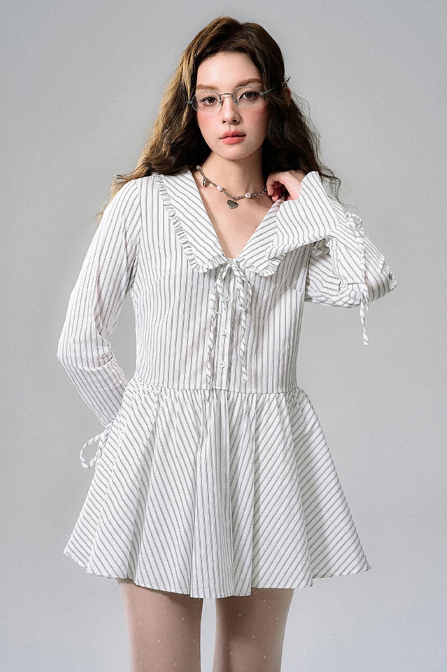 Striped Lace Bow Tie Long Sleeve Dress