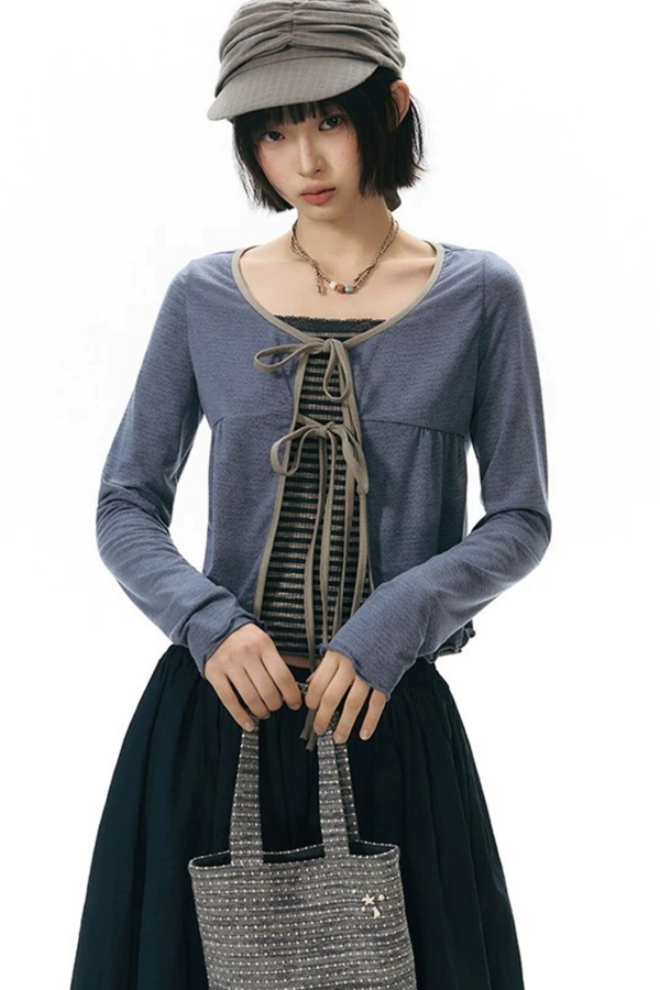 Lace-Up Ruffle Knit Cardigan