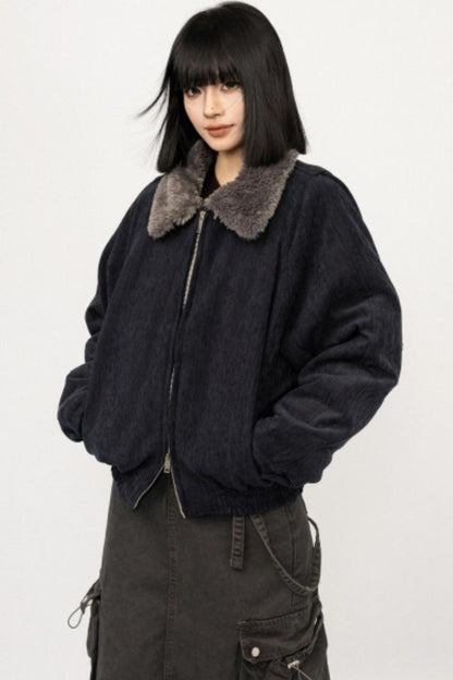 Retro Patchwork Fur Collar Jacket