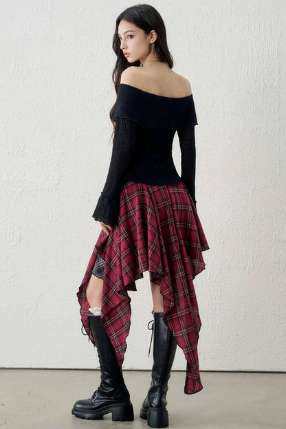 Irregular Plaid Patchwork Skirt