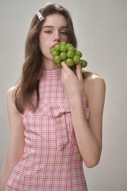 Bow Halterneck Plaid Dress