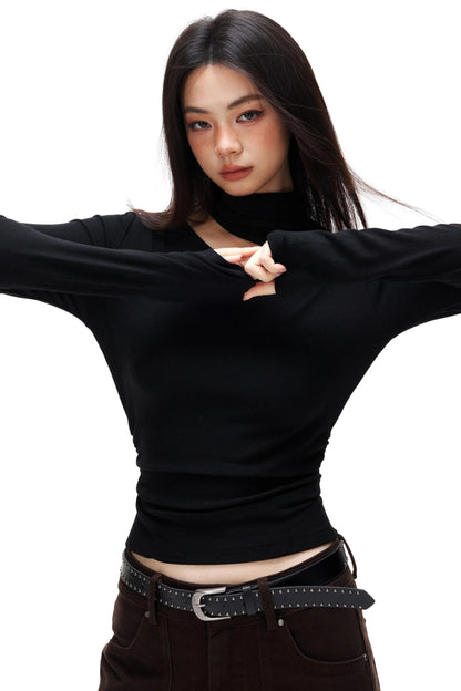 Thin Velvet Pleated Turtleneck Top