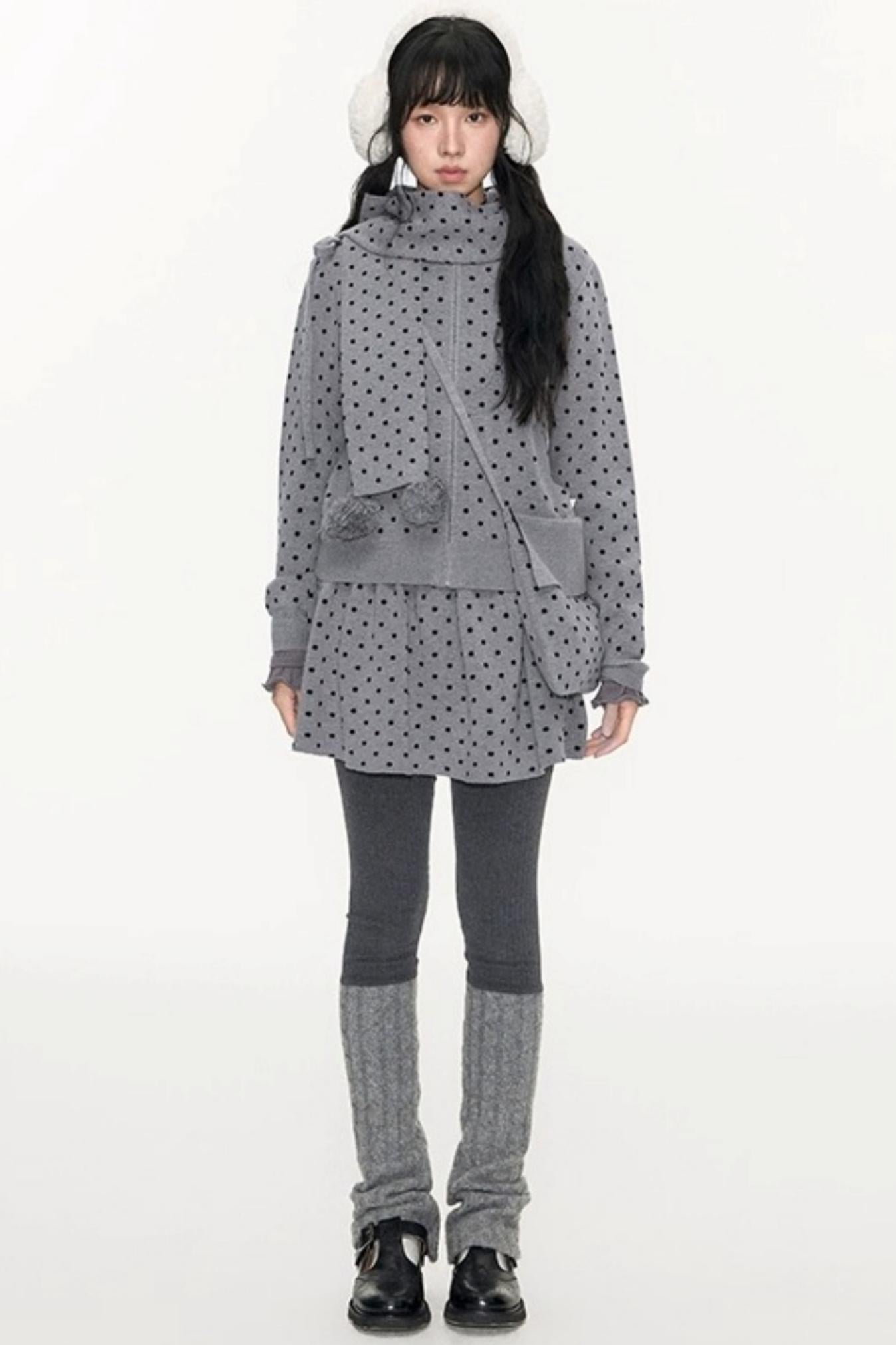 Polka Dot Hooded Knit Sweater Skirt Set-Up
