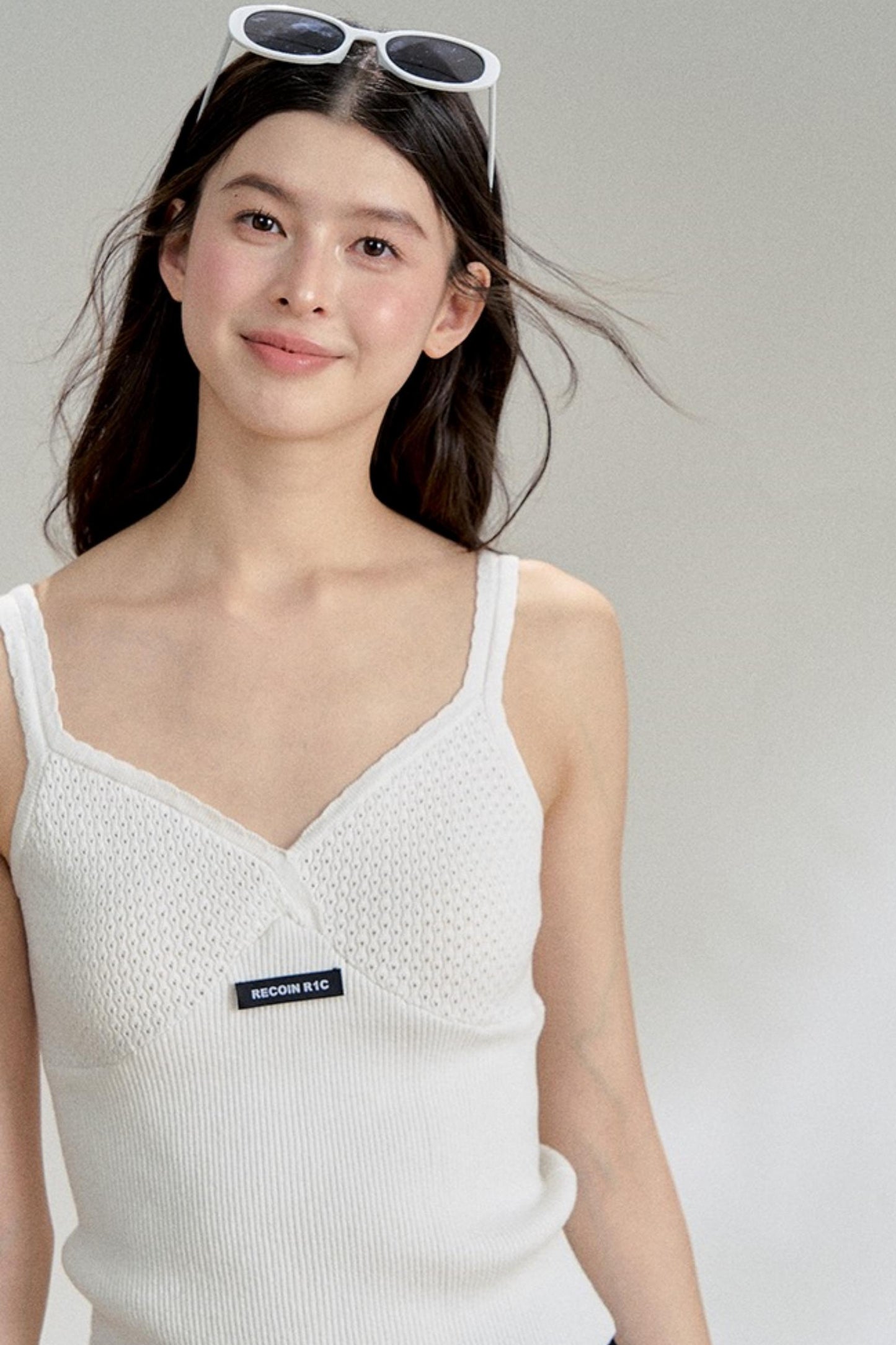 Textured White V-Neck Knitted Suspender Top