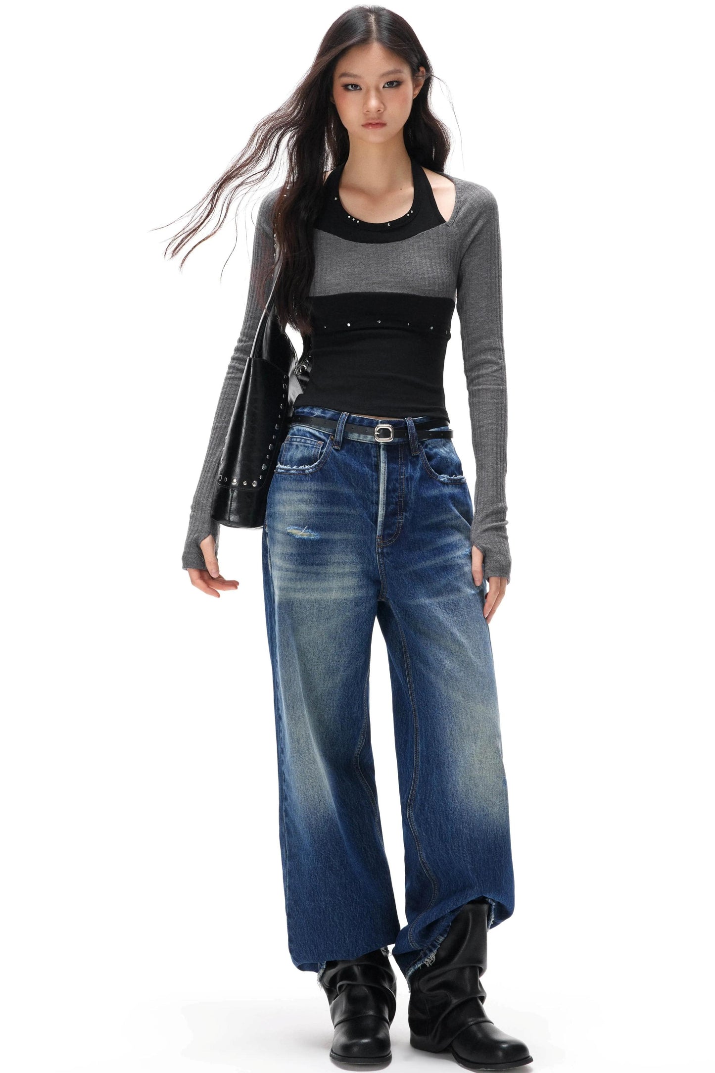 Rhinestone Patchwork Knit Top