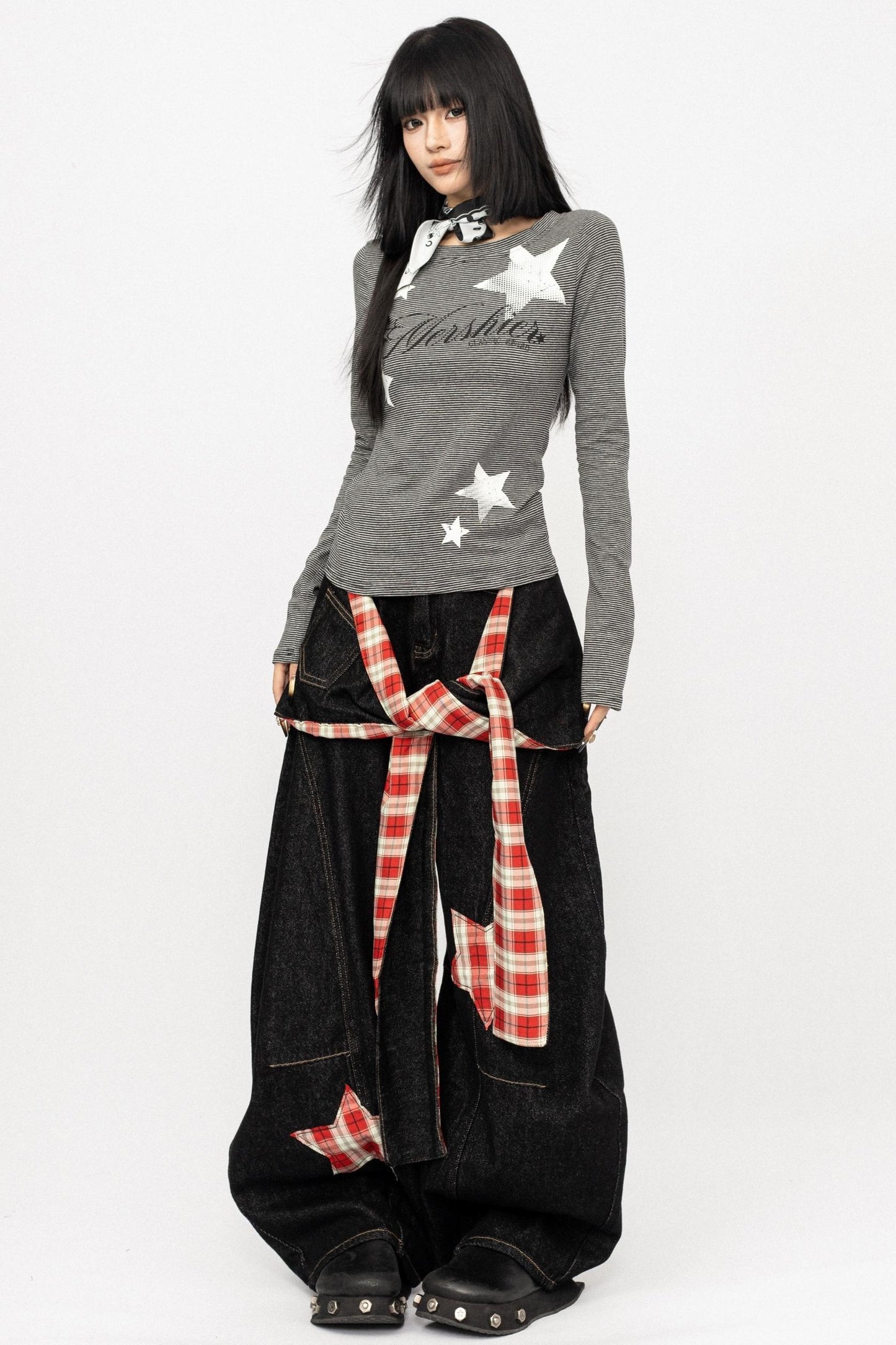 Vintage Spice Girl Plaid Stitched Wide-leg Pants