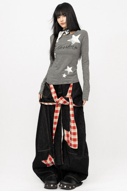 Vintage Spice Girl Plaid Stitched Wide-leg Pants