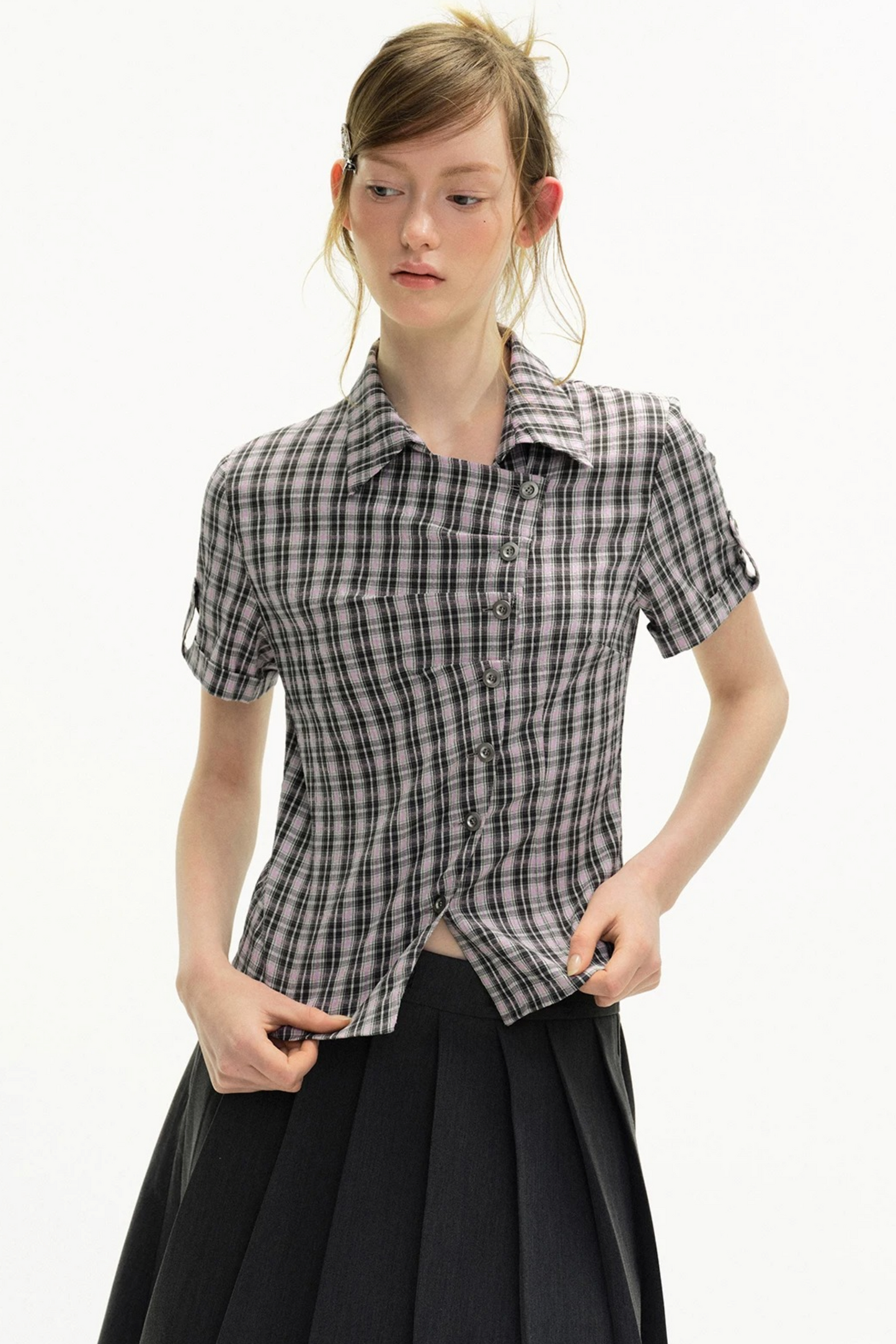 Diagonal Placket Plaid Blouse
