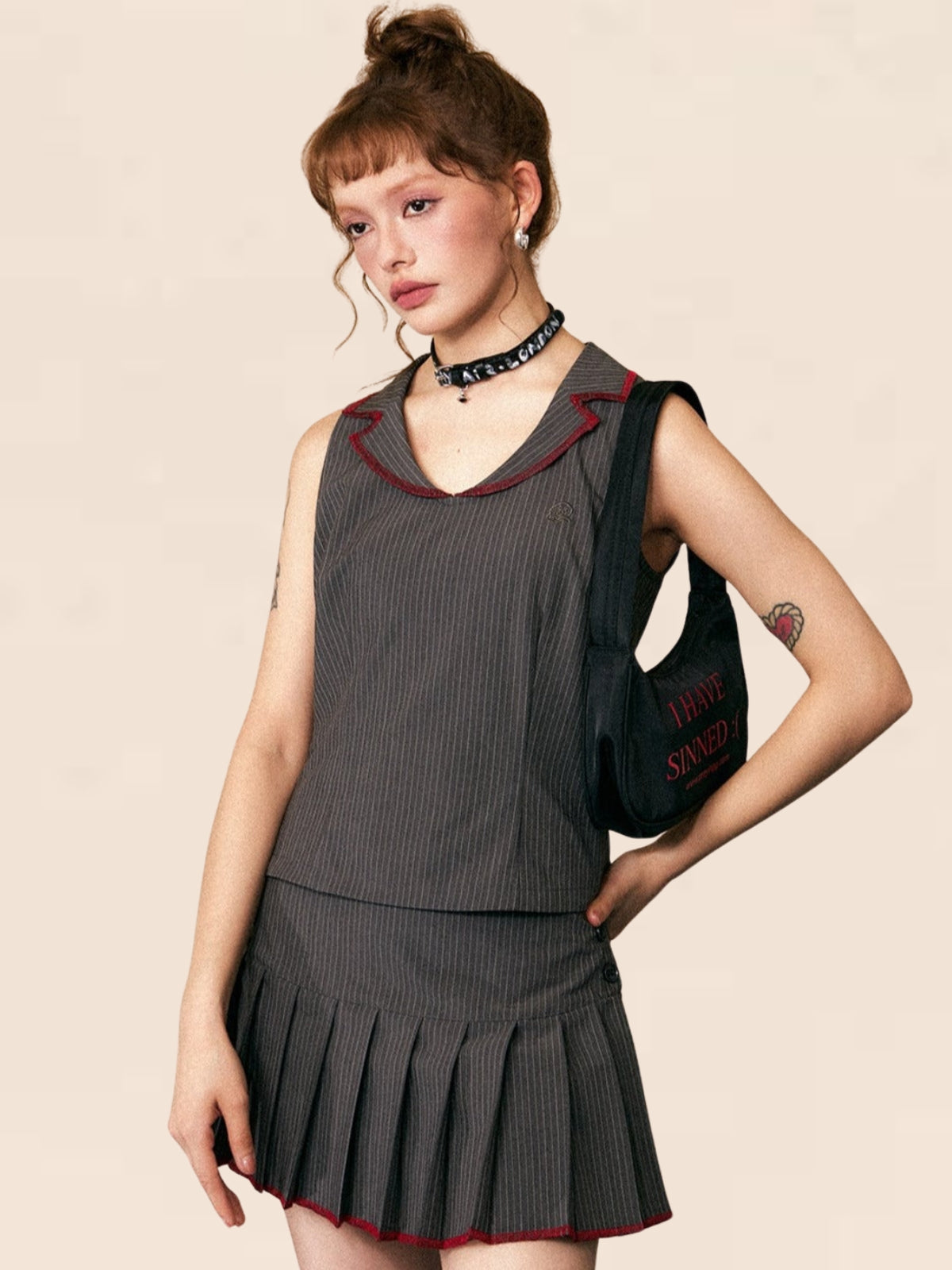 Striped V-Neck Vest and Skirt Set-Up