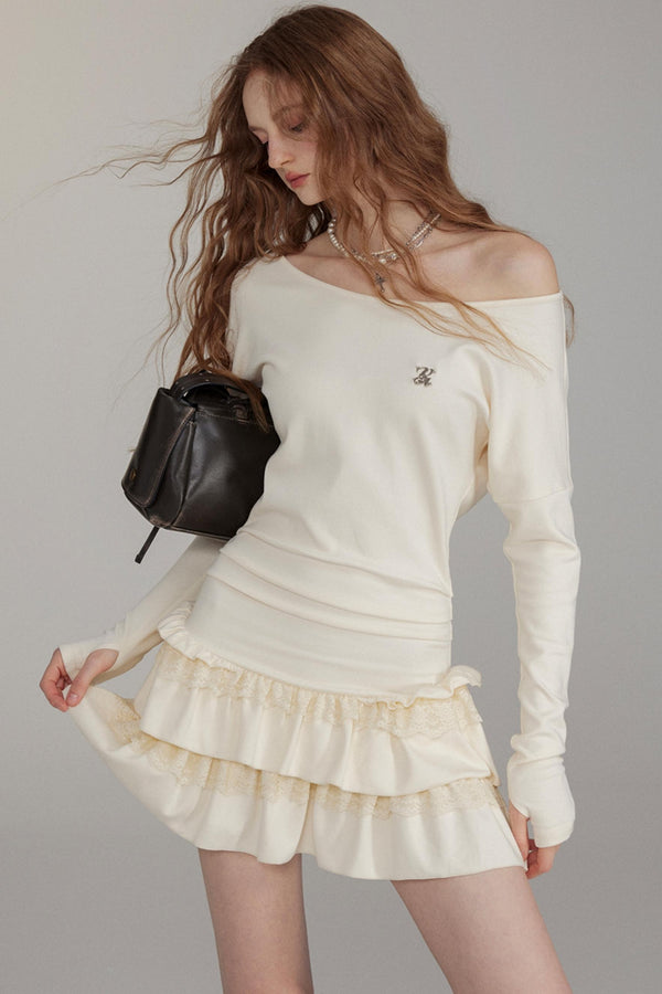 Schräges Schulter-Spitzenkuchen-Kleid 