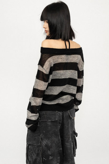 Retro Striped Off-Shoulder T-Shirt