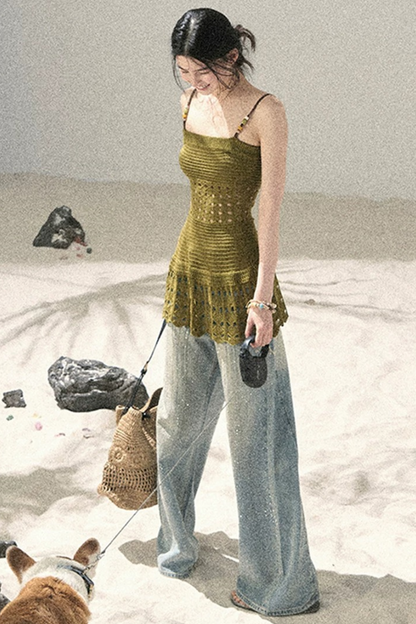American-Style Rhinestone Wide-Leg Jeans