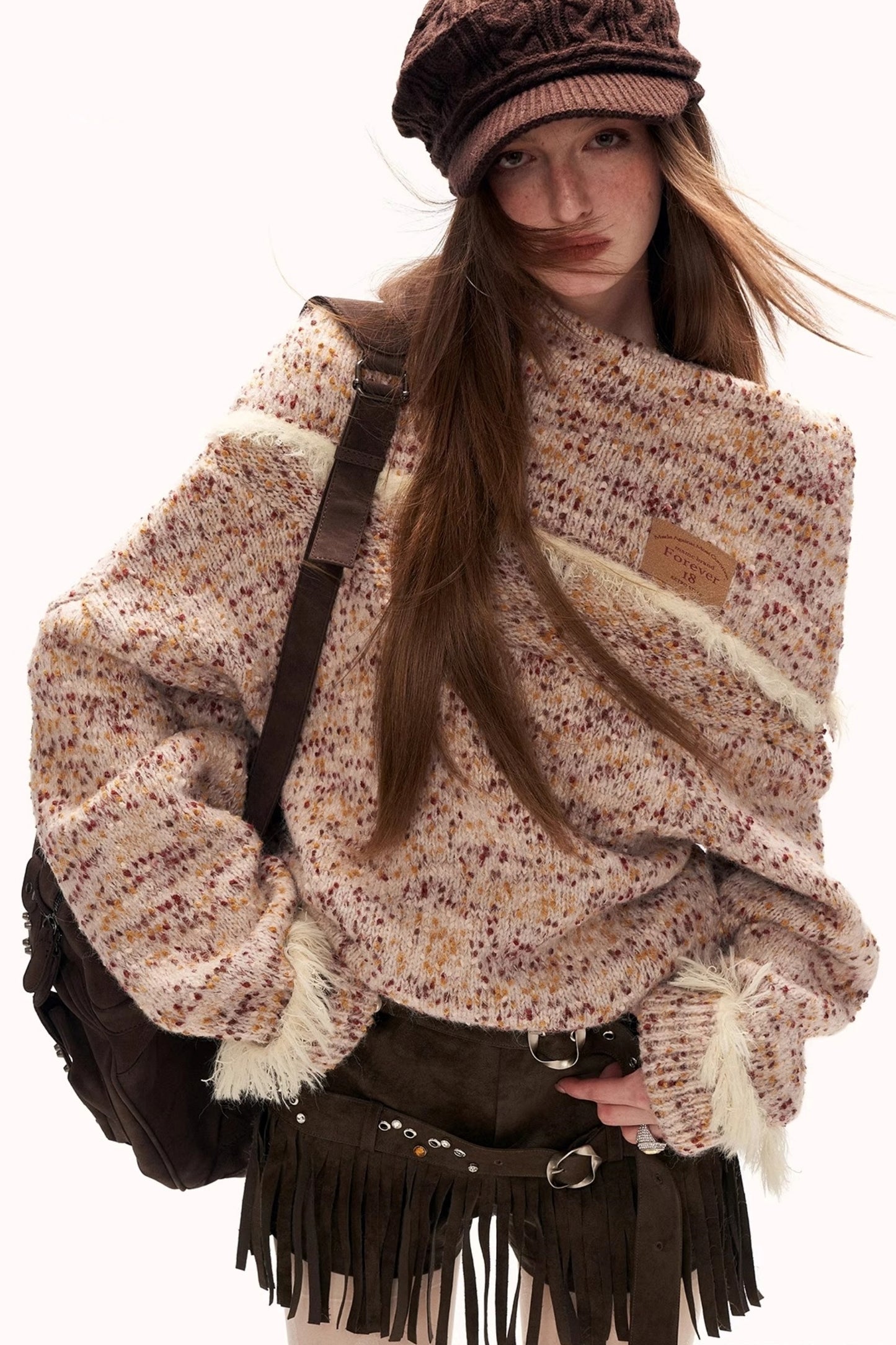 Mixed Yarn Slanted Shoulder Sweater