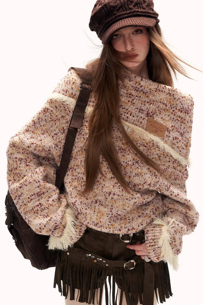 Mixed Yarn Slanted Shoulder Sweater