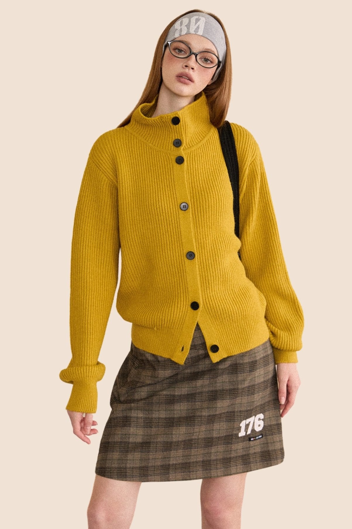 Retro Padded Turtleneck Knitted Cardigan