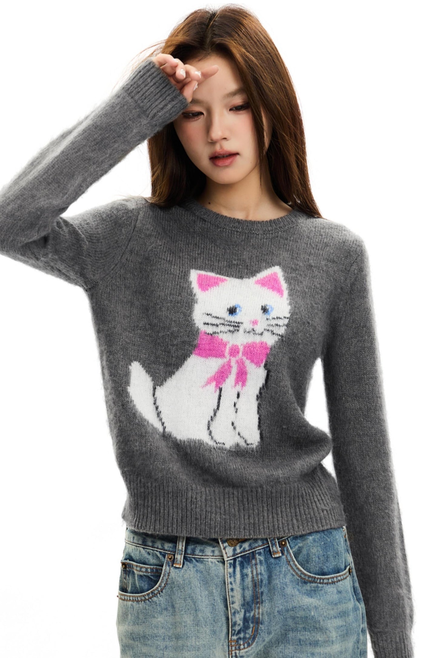 Intarsia Cat Mohair Knit Top