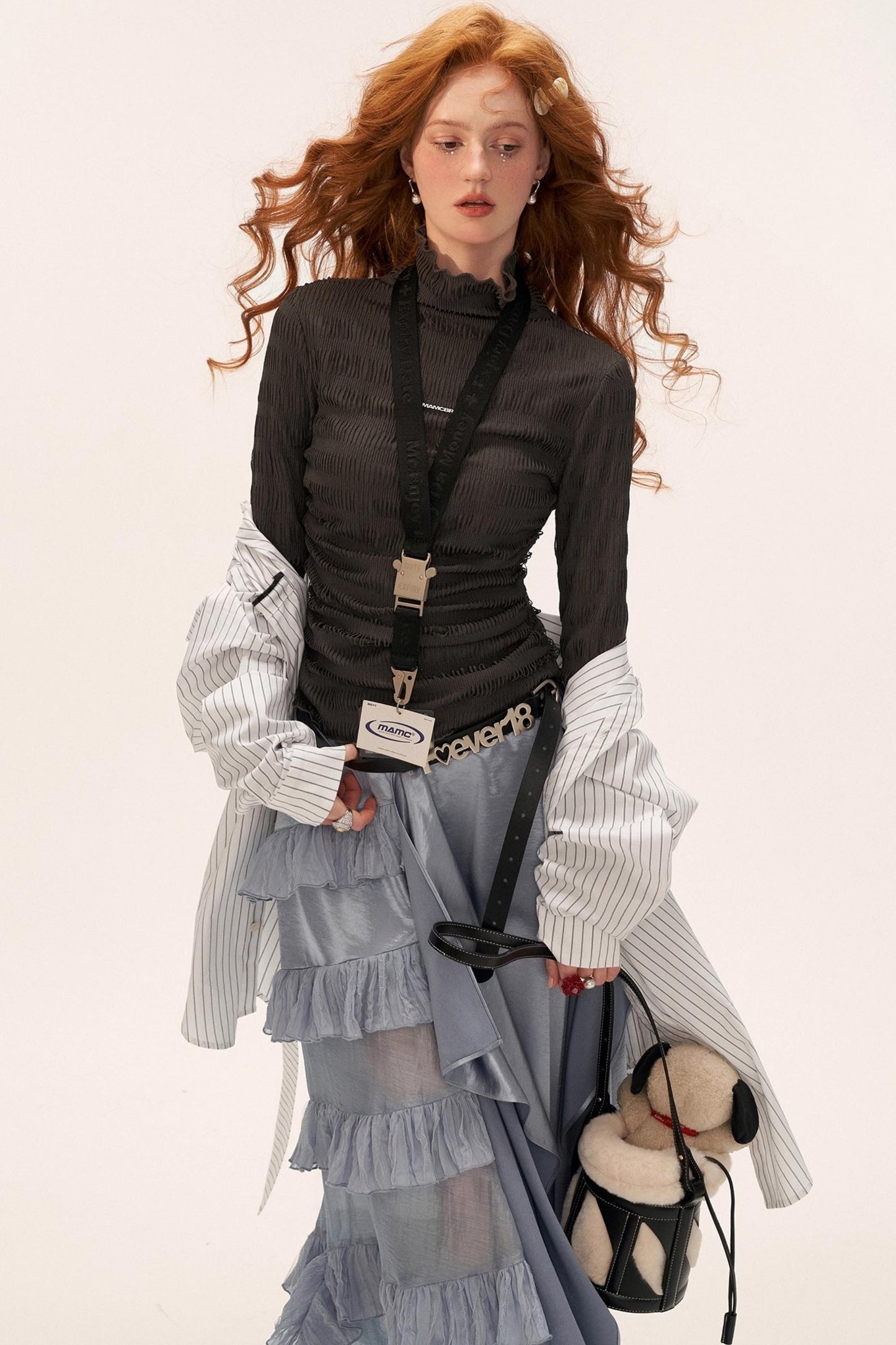 High-Neck Knitted Striped Slimming Shirt