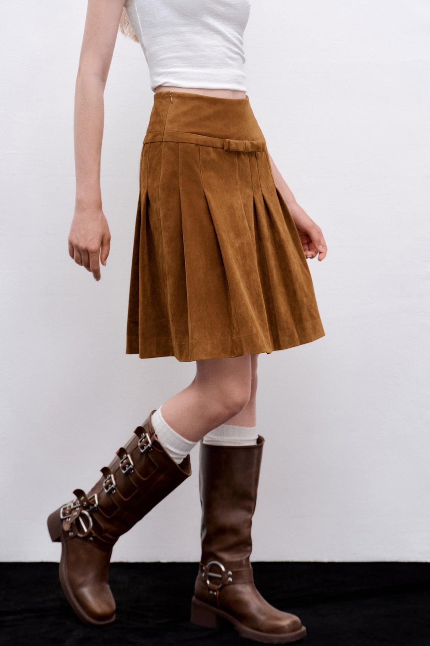 Suede Irregular Pleated Skirt
