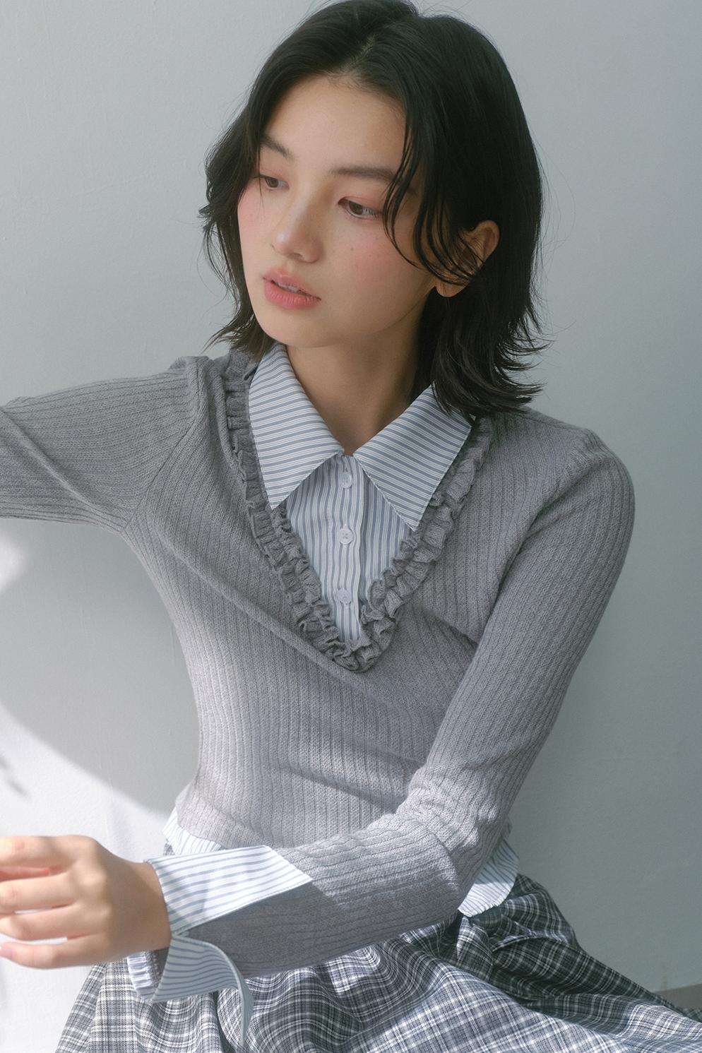 Gray Knit Patchwork Vertical Striped Fungus Edge Top