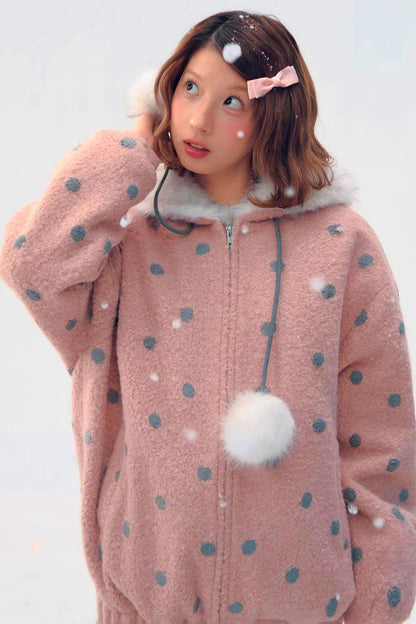 Pink Gray Polka Dot Hooded Jacket
