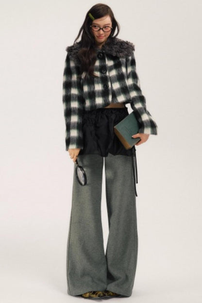 Plaid Wool Fur Collar Jacket