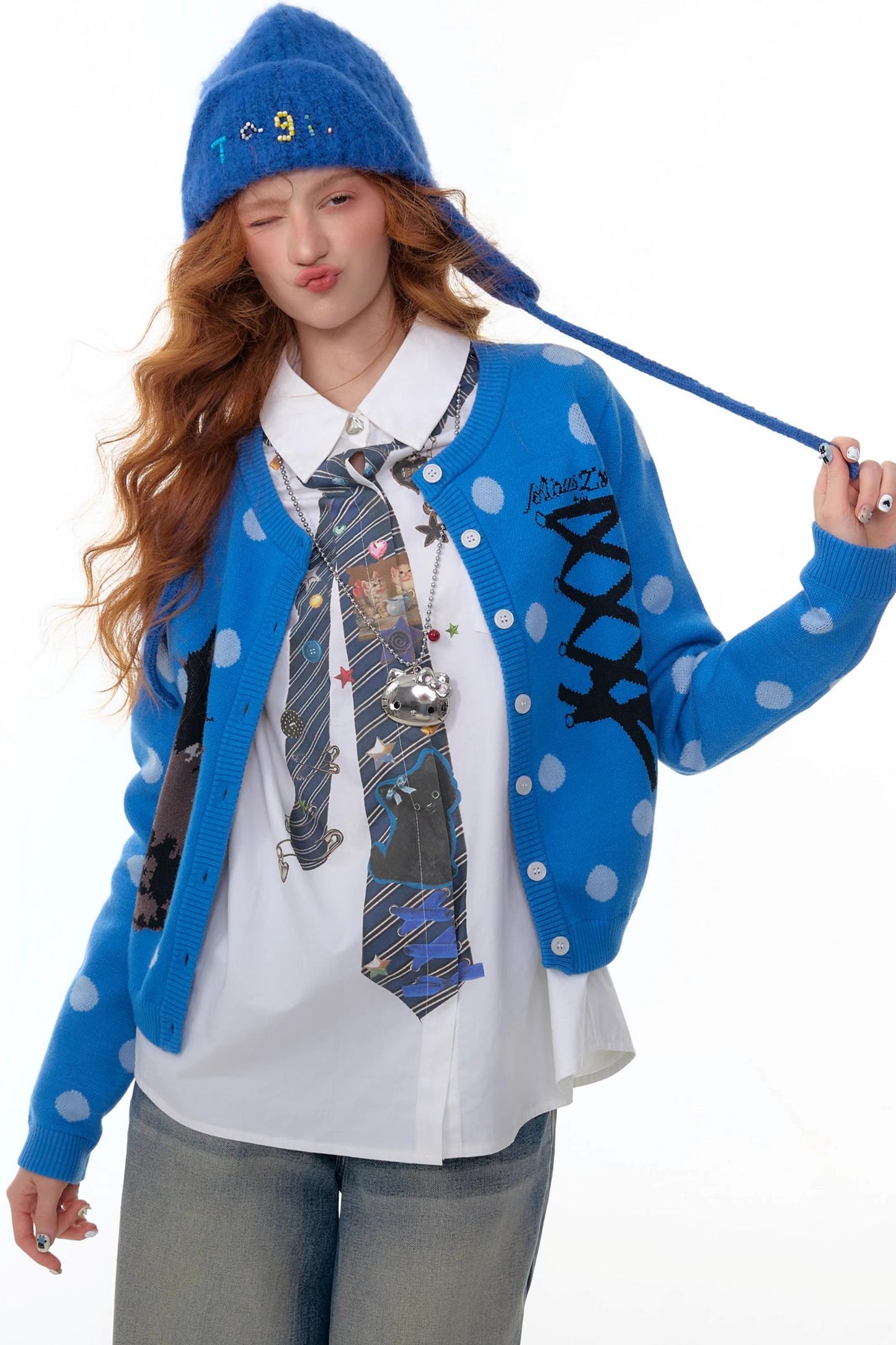 Blue Cat Polka Dot Knitted Cardigan