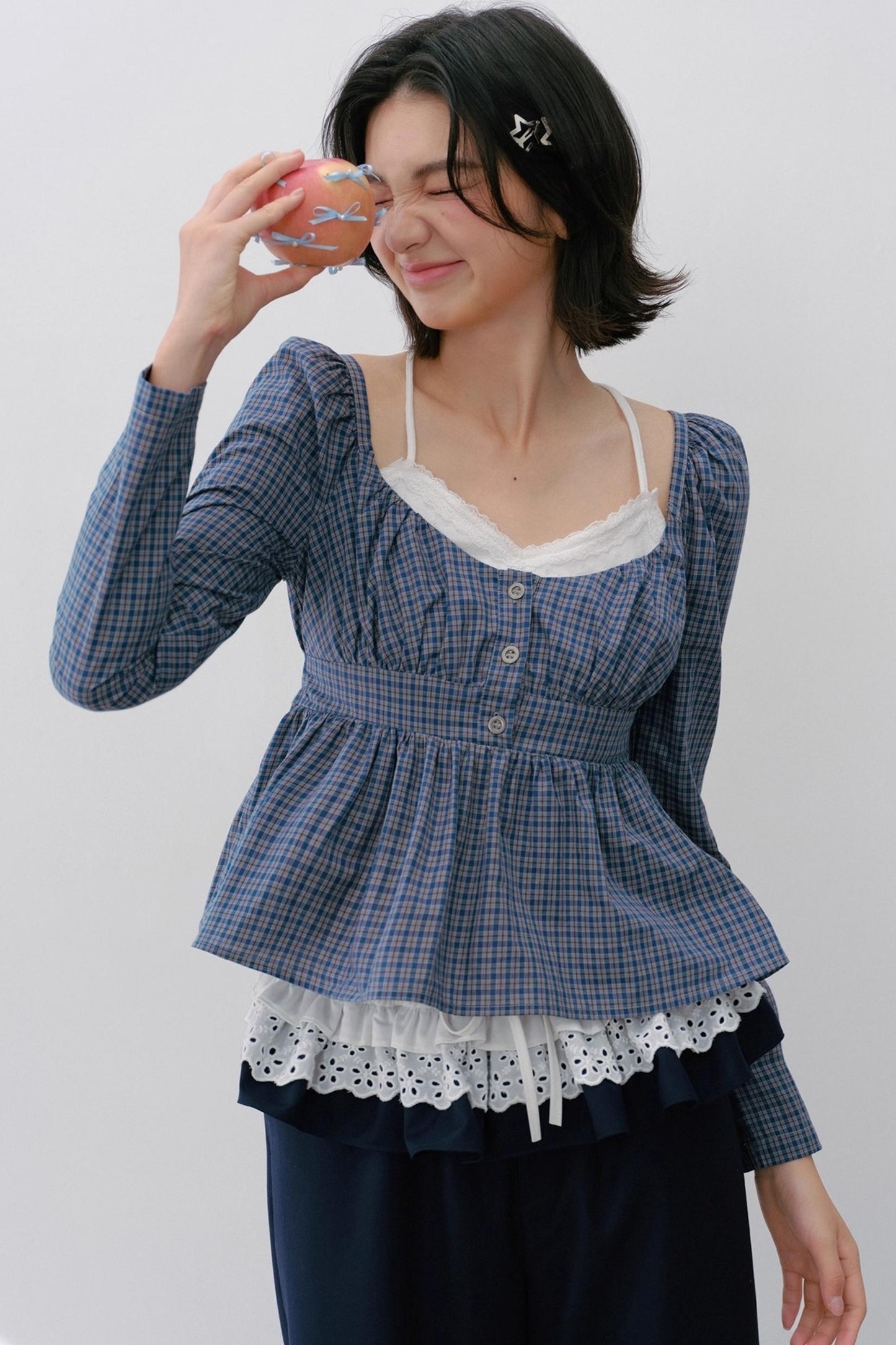 Vintage Check Square Neck Cinched Shirt