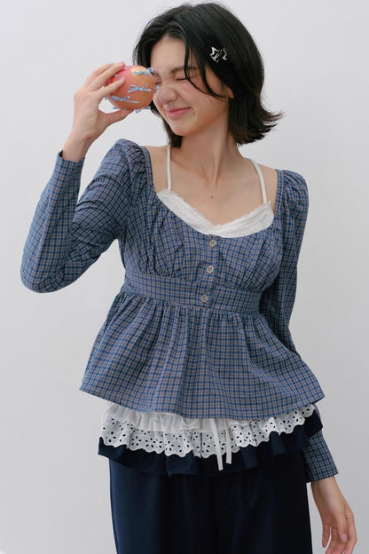 Vintage Check Square Neck Cinched Shirt