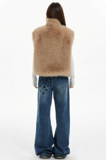 Plaid Lined Fur Vest Reversible Jacket