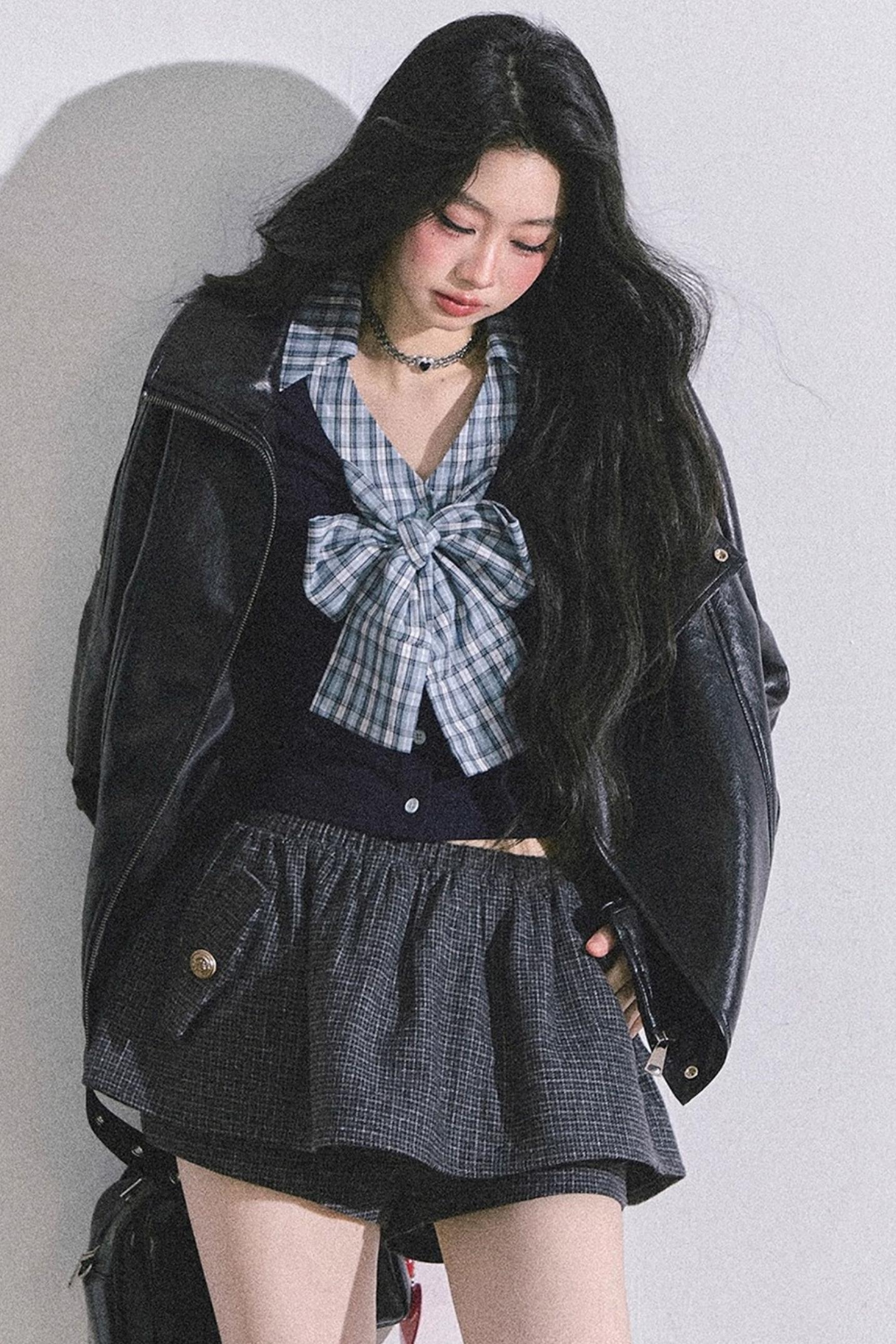 American Long-Sleeved Bow Plaid T-Shirt