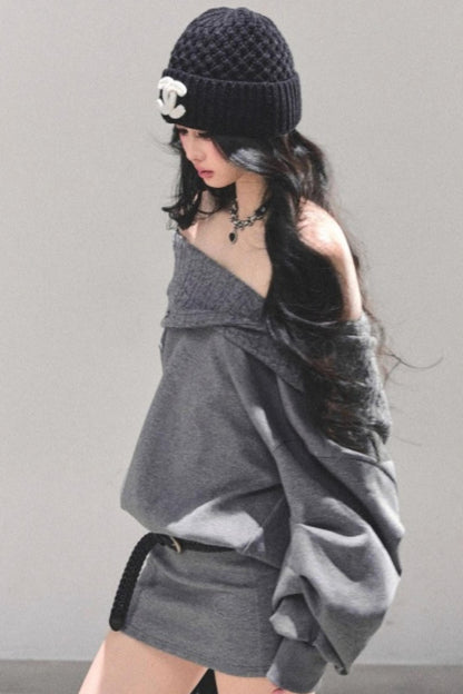 One Shoulder Grayscale Sweatshirt Dress