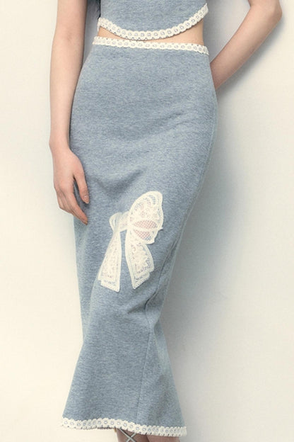 Grey Lace Vest And Skirt Set-Up